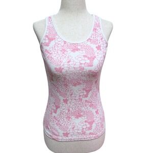 Y2K Old Navy White Pink Cherry Blossoms Floral Ribbed Tank Top Sz L